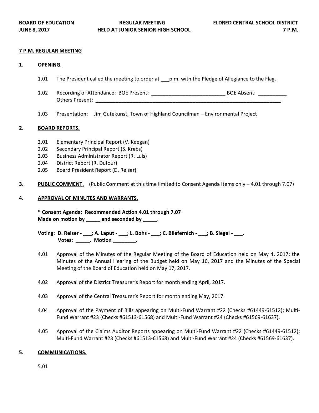 Board of Education Regular Meeting Eldred Central School District