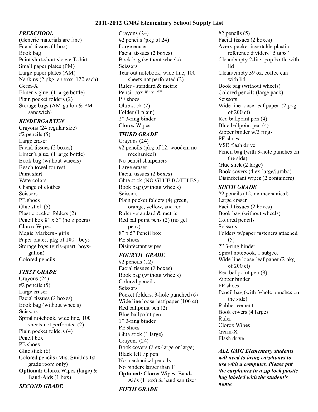 2011-2012 GMG Elementary School Supply List