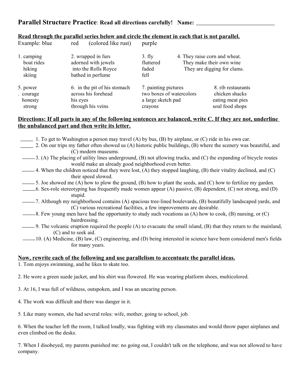 Parallel Structure Practice: Read All Directions Carefully