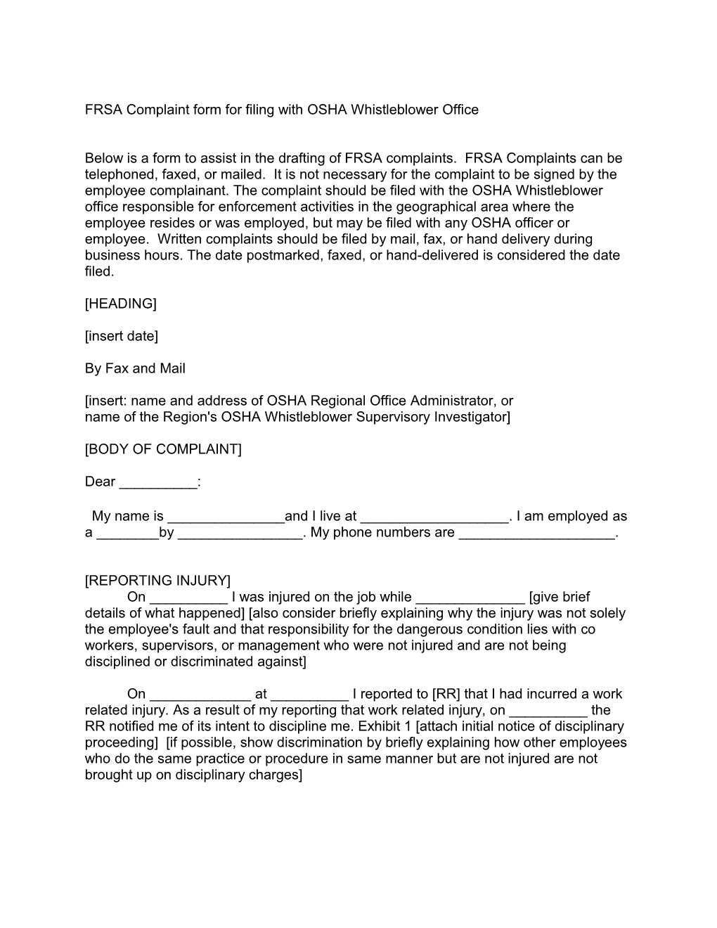 FRSA Complaint Form for Filing with OSHA Whistleblower Office