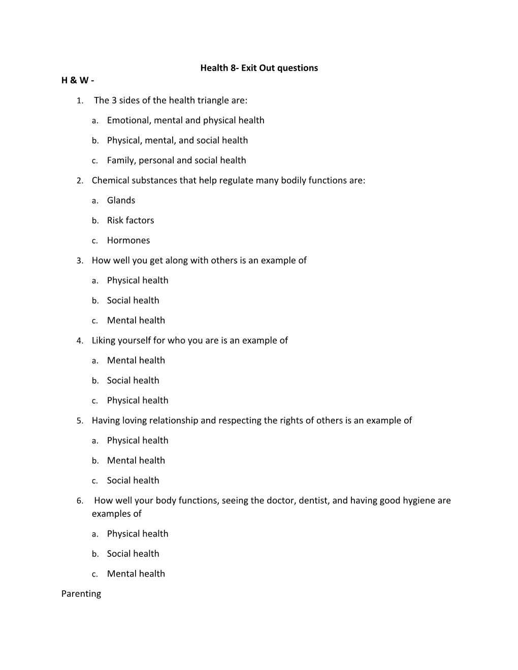 Health 8- Exit out Questions