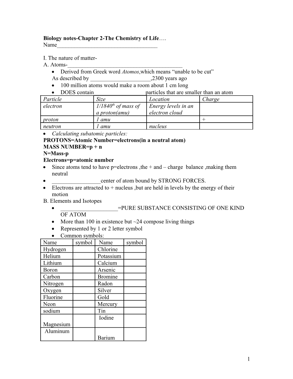 Biology Notes-Chapter 2-The Chemistry of Life