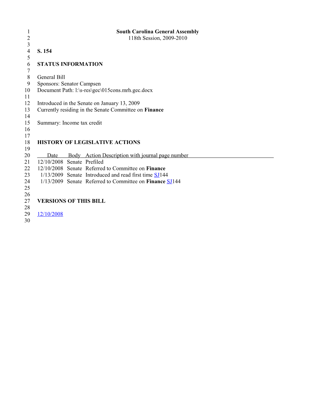 2009-2010 Bill 154: Income Tax Credit - South Carolina Legislature Online