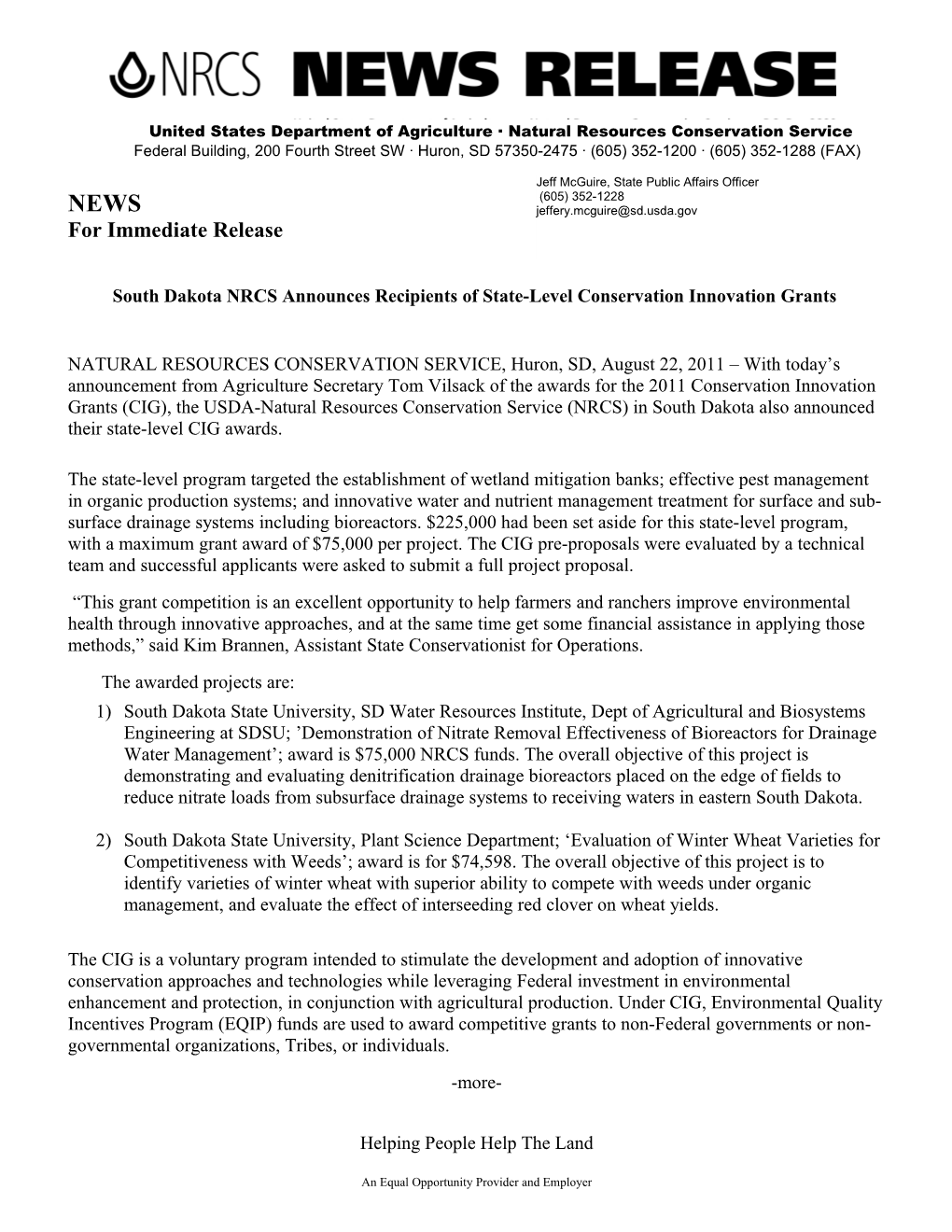 NRCS South Dakota News Release