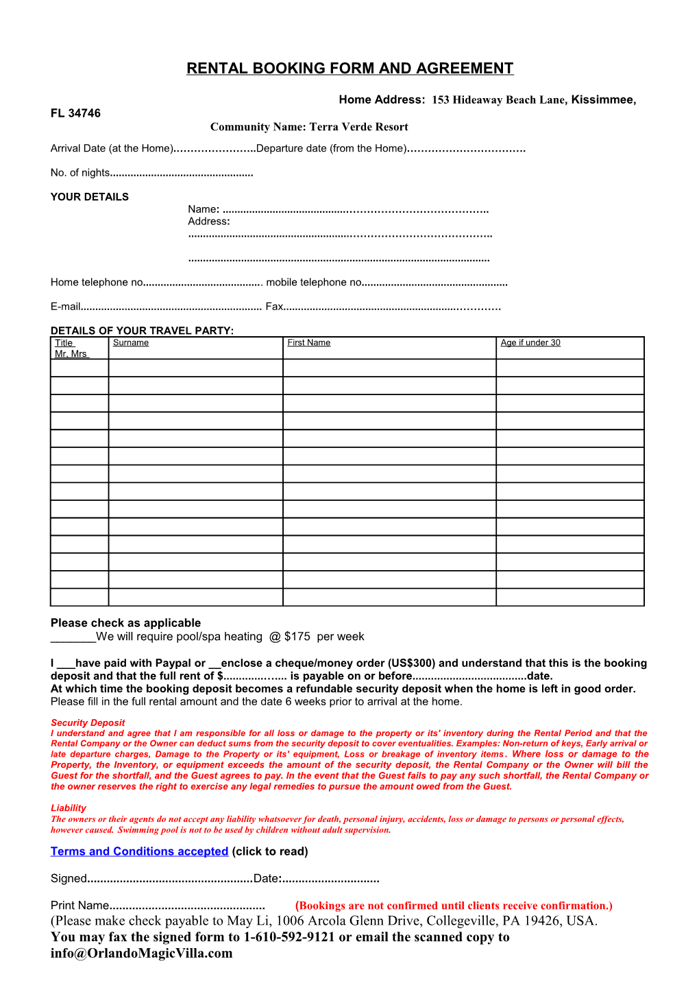 Please Print out Fill in and Send with Your Deposit Or the Full Amount If Less Than 8 Weeks s1