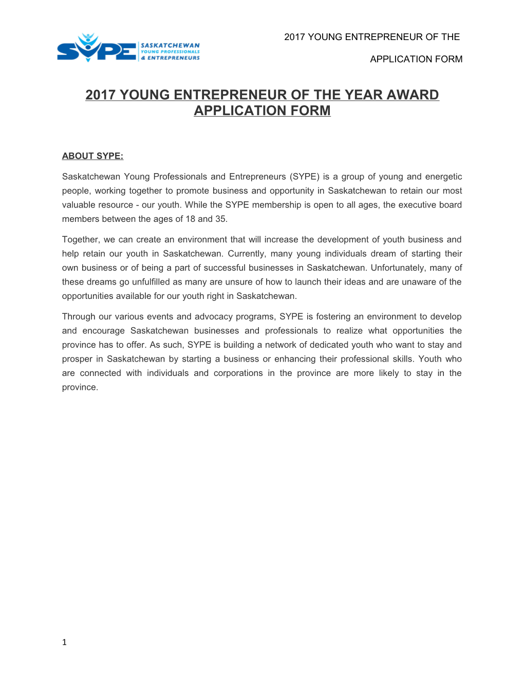 2017 Young Entrepreneur of the Year Award Application Form