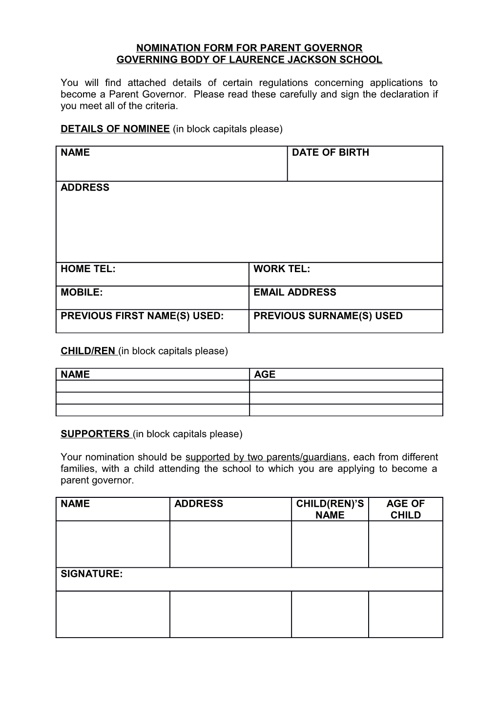 Nomination Form for Parent Governor