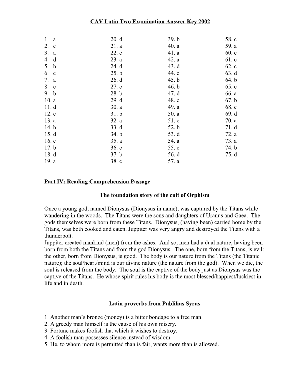 CAV Latin Two Examination Answer Key 2004