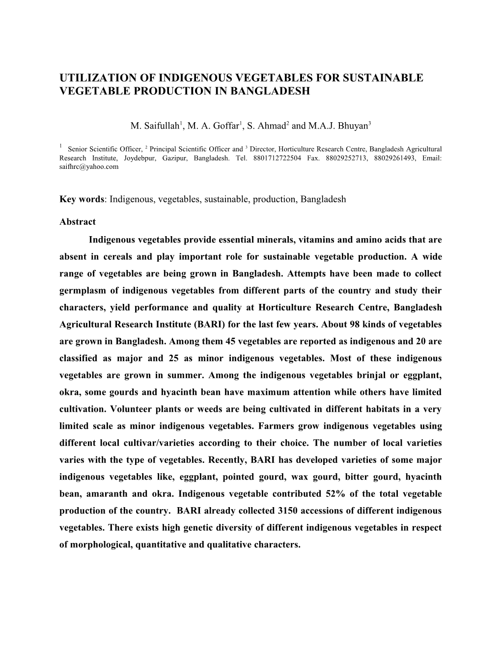 Utilization of Indigenous Vegetables for Sustainable Vegetable Production in Bangladesh