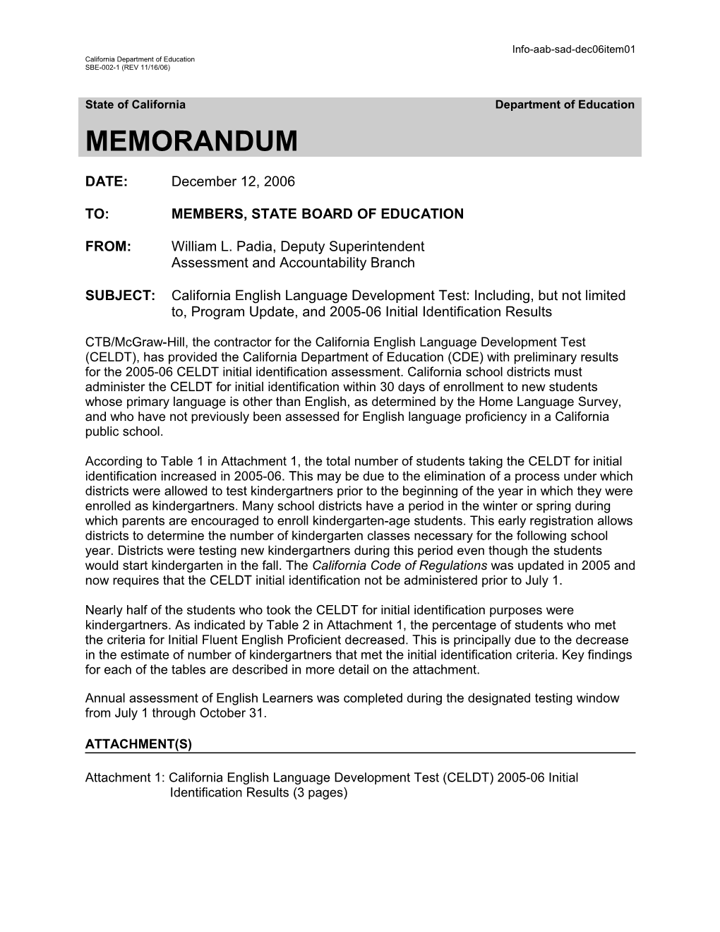 January 2007 SAD Item 01 - Information Memorandum (CA State Board of Education)