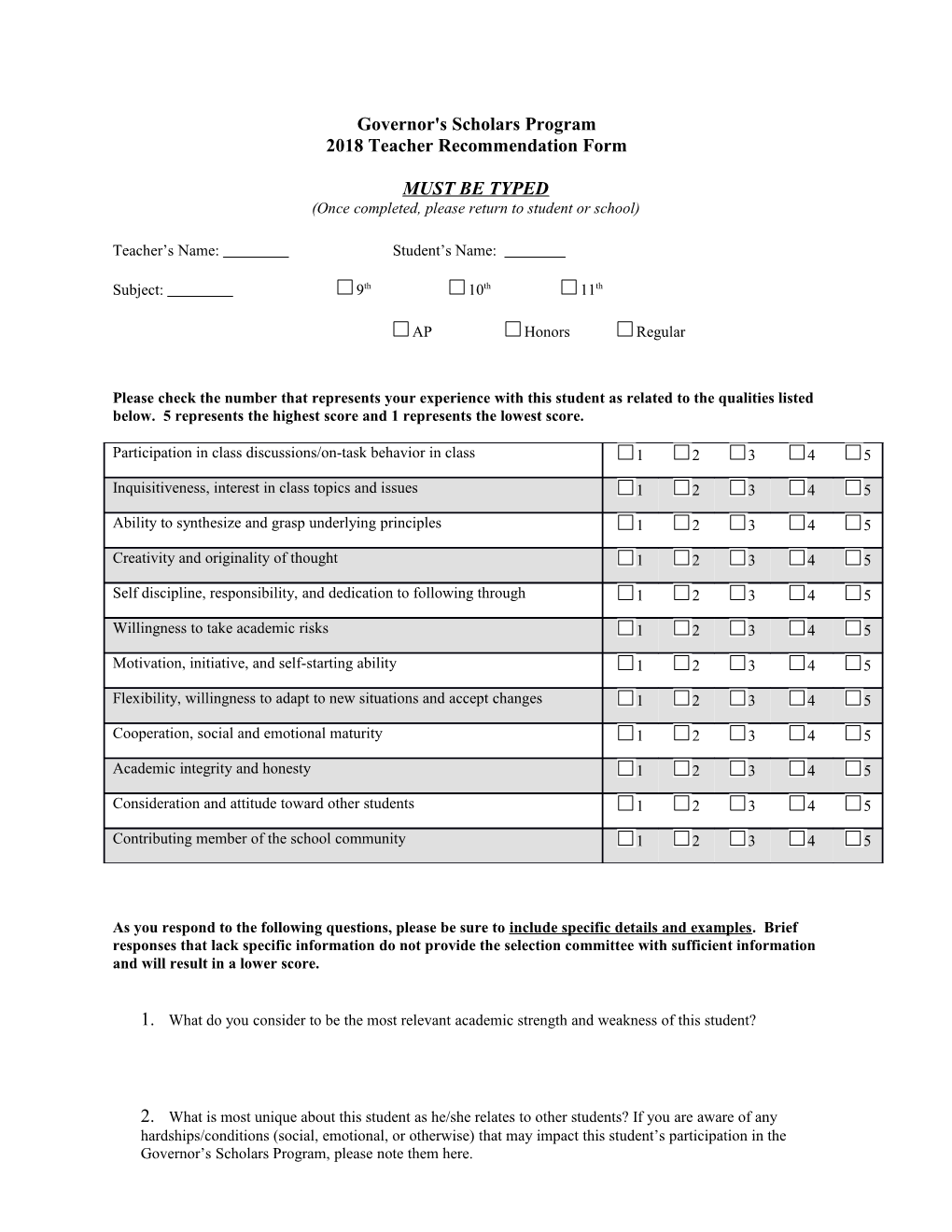 2018 Teacher Recommendation Form