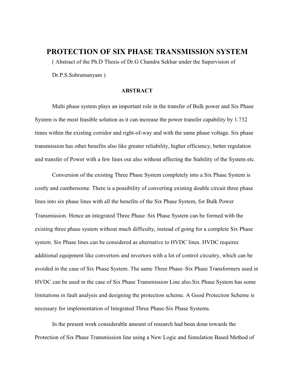 Protection of Six Phase Transmission System