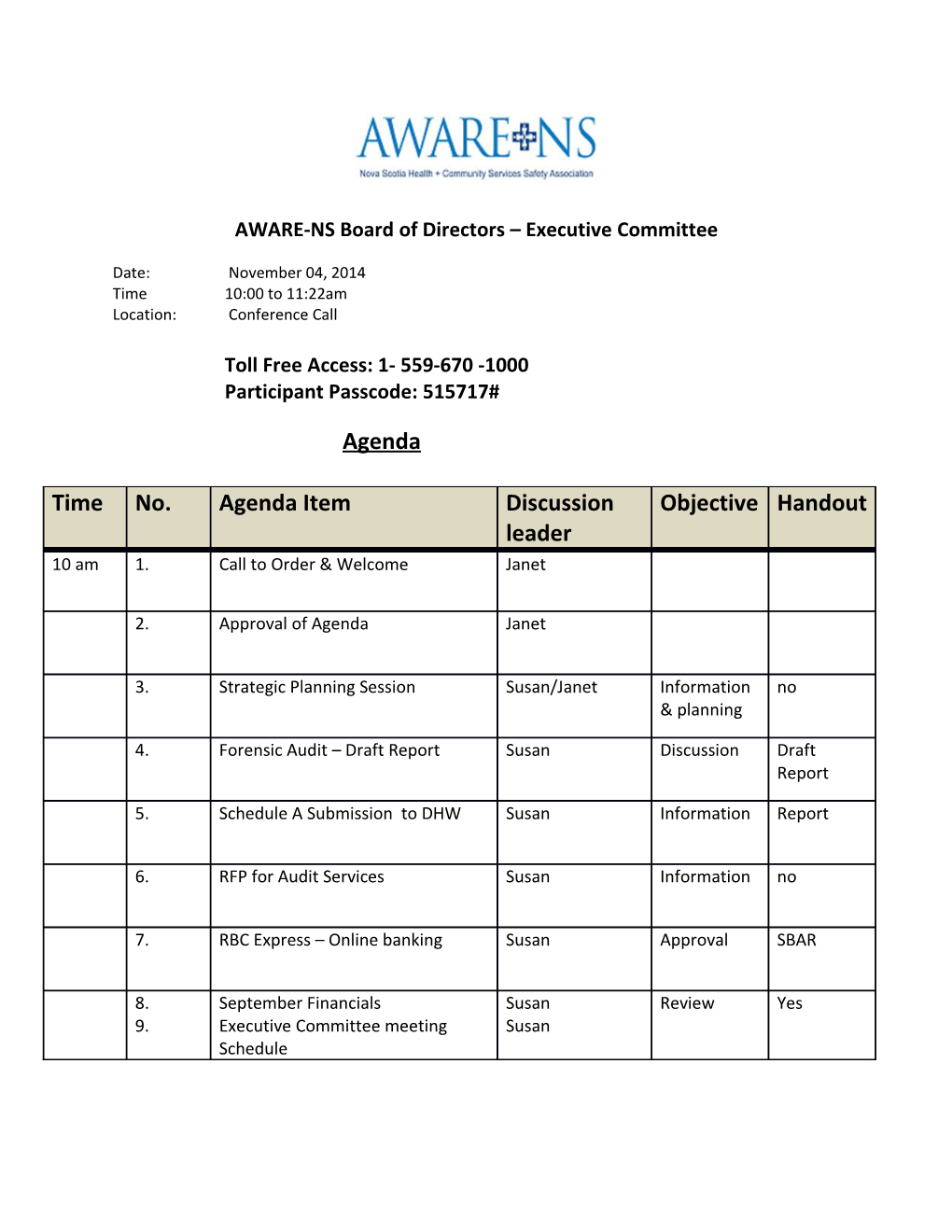 AWARE-NS Board of Directors Executive Committee