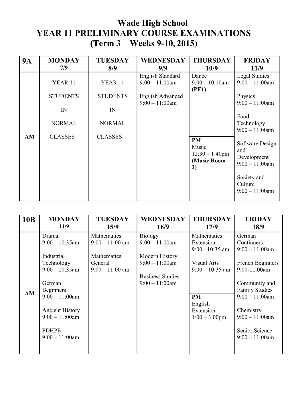 Year 11 Preliminary Course Examinations