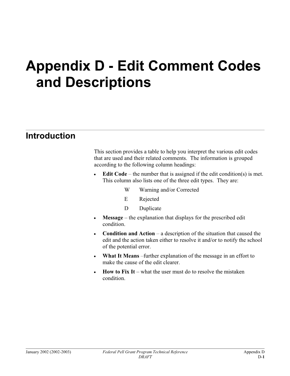 Appendix D - Edit Comment Codes and Descriptions
