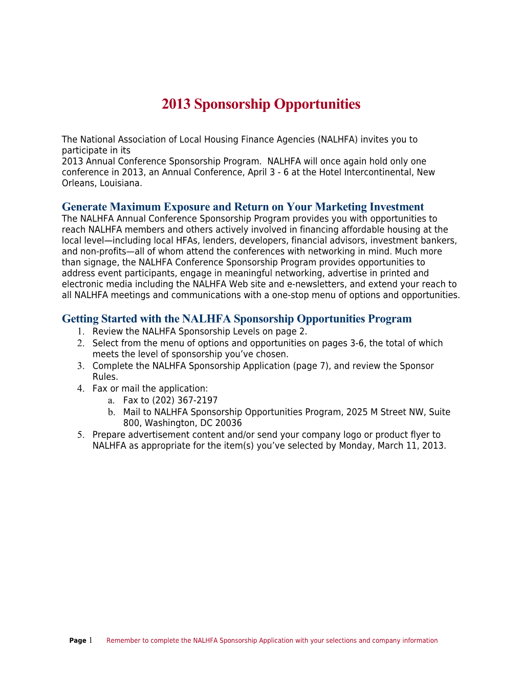 2011 Sponsorship NALHFA Publication