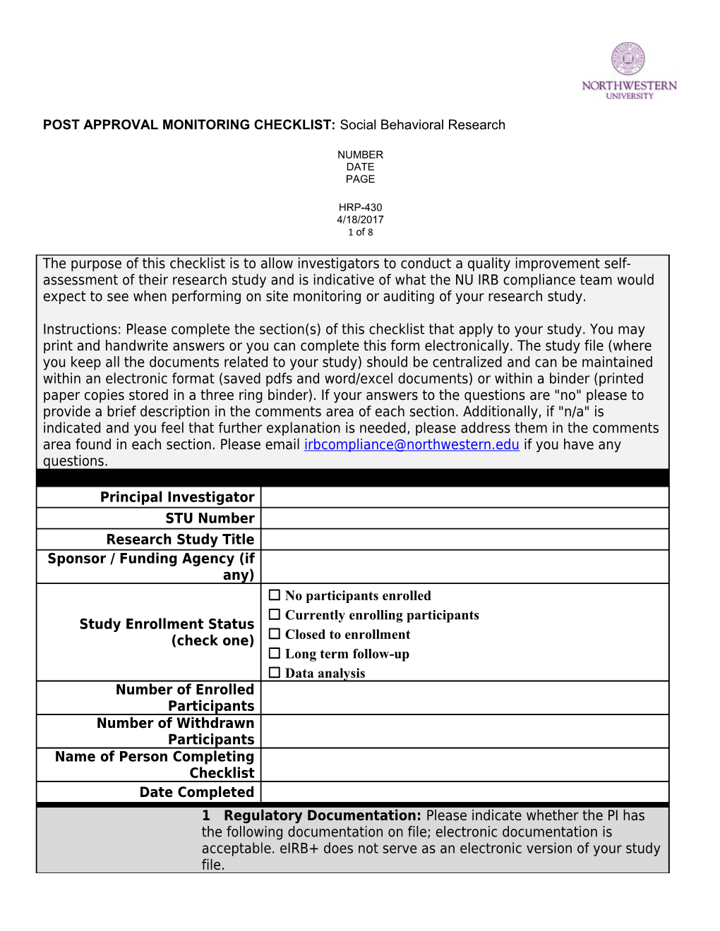 CHECKLIST: Investigator Quality Improvement Assessment