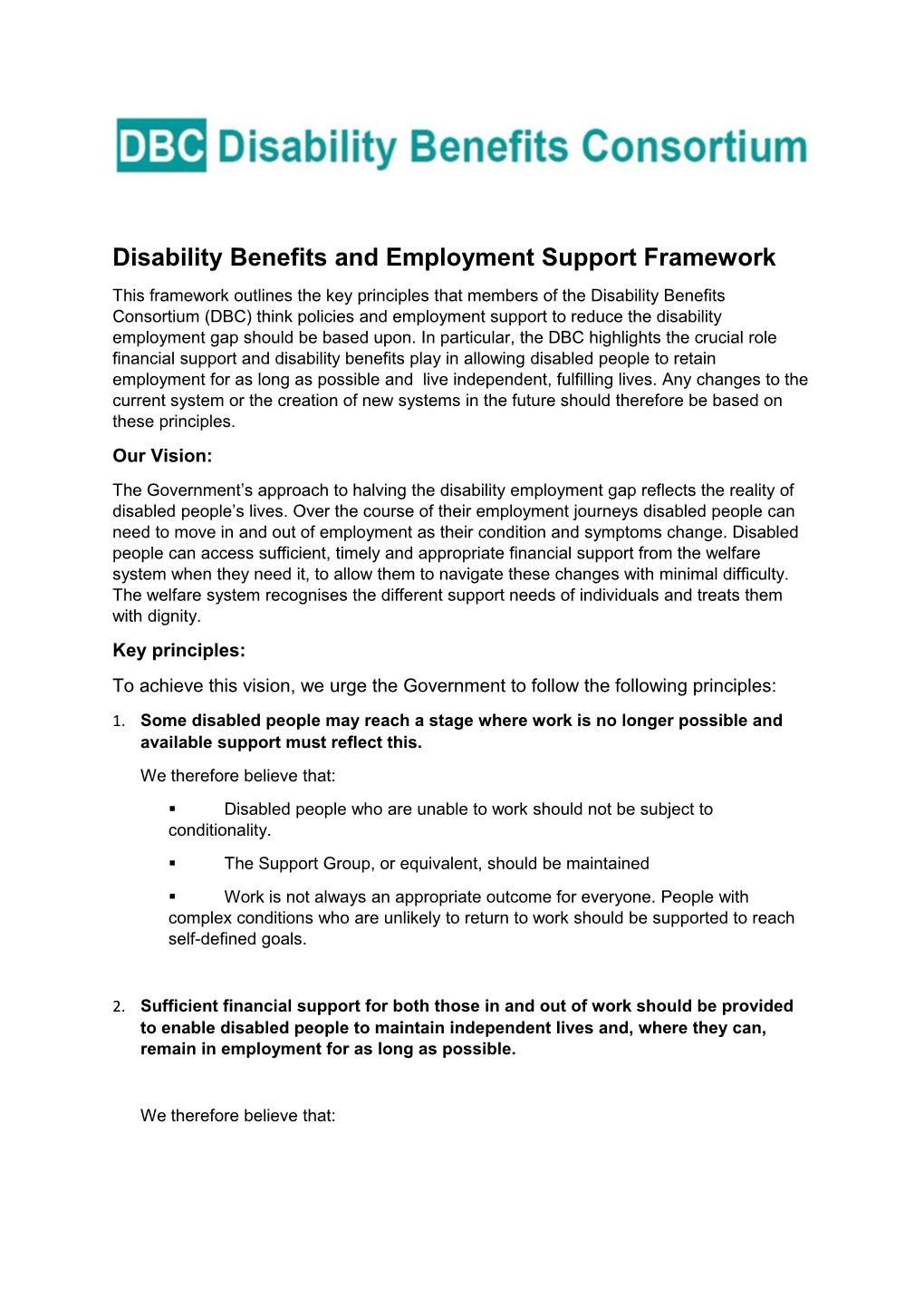 Disabilitybenefits and Employment Support Framework