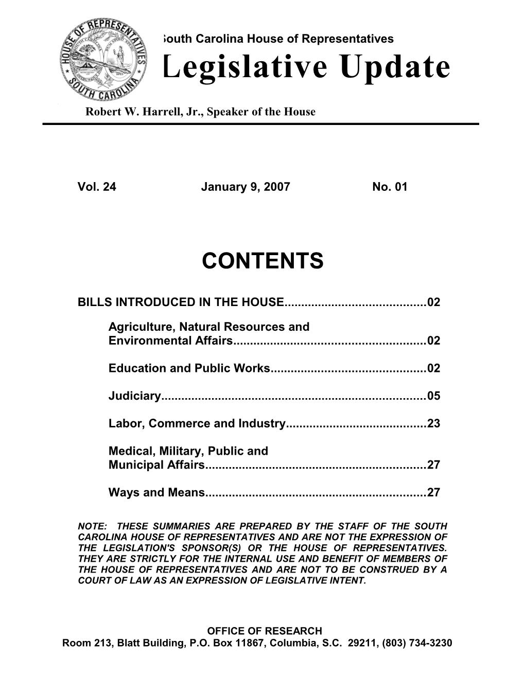 Legislative Update - Vol. 24 No. 01 January 9, 2007 - South Carolina Legislature Online