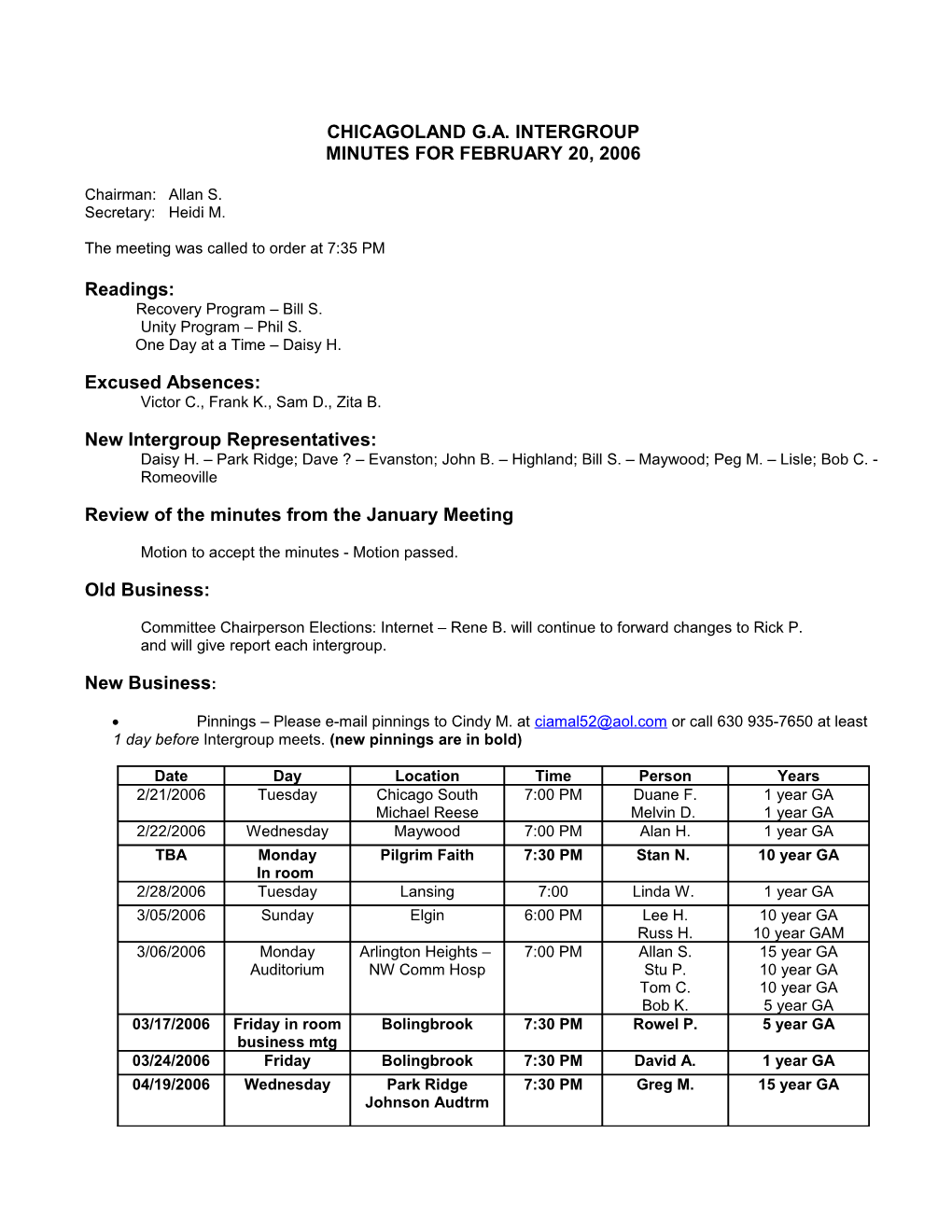 Chicagoland GA Intergroup Meeting Minutes February 20, 2006