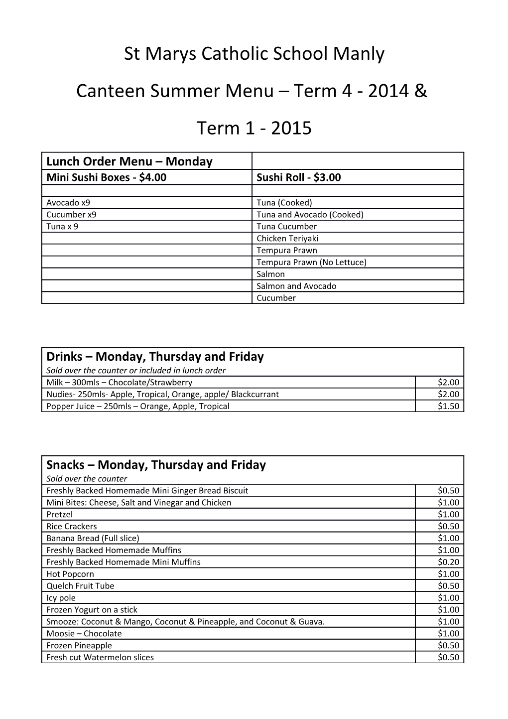 Canteen Summer Menu Term 4- 2014