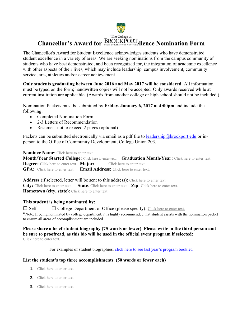 Chancellor S Award for Student Excellence Nomination Form