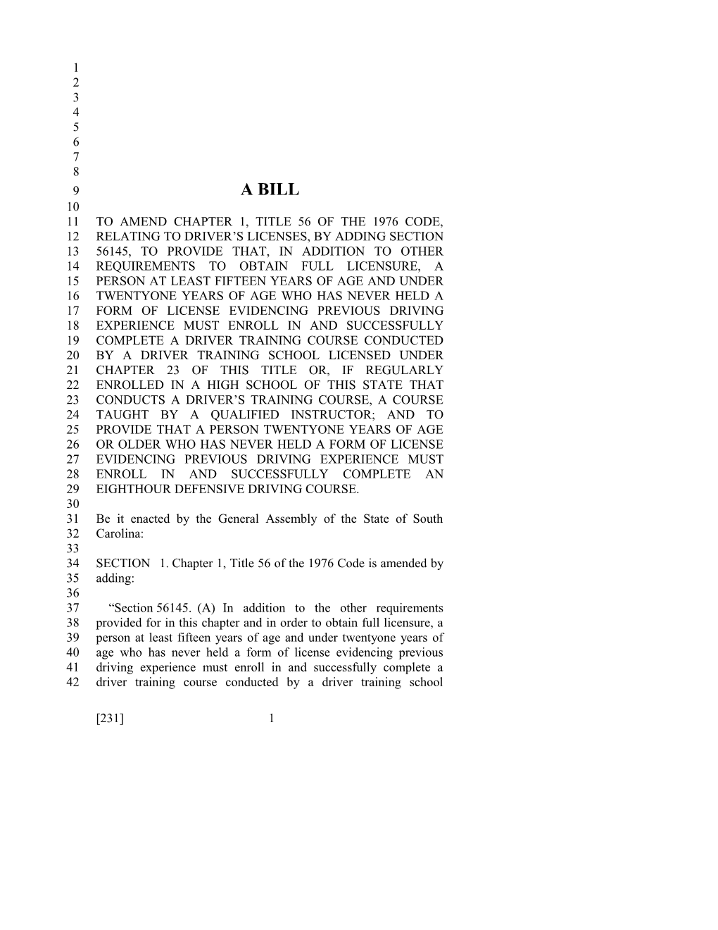 2017-2018 Bill 231 Text of Previous Version (Jan. 10, 2017) - South Carolina Legislature Online
