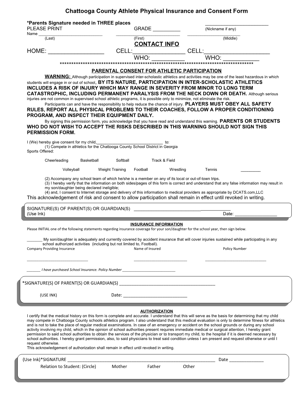 Chattooga Countyathlete Physical Insurance and Consent Form
