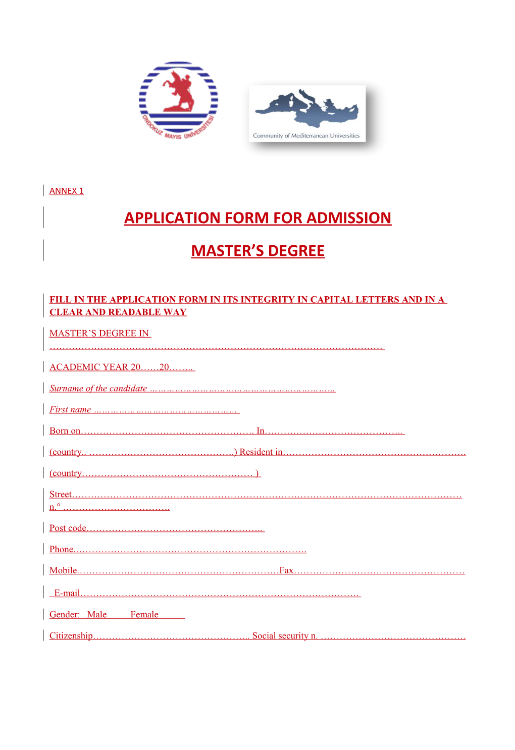 Application Form for Admission