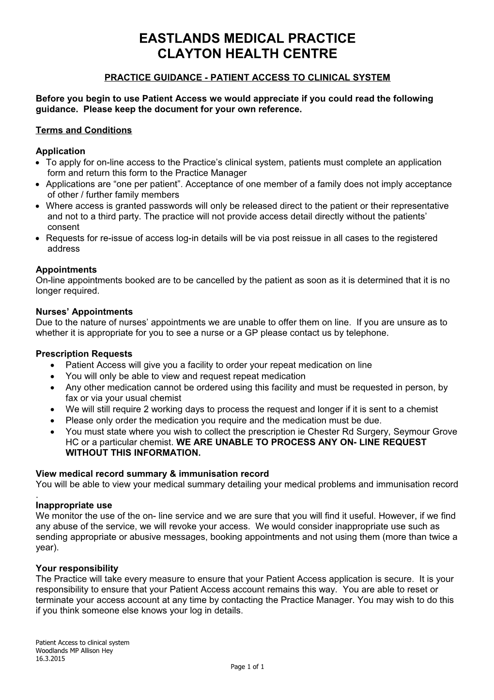 Practice Guidance - Patient Access to Clinical System