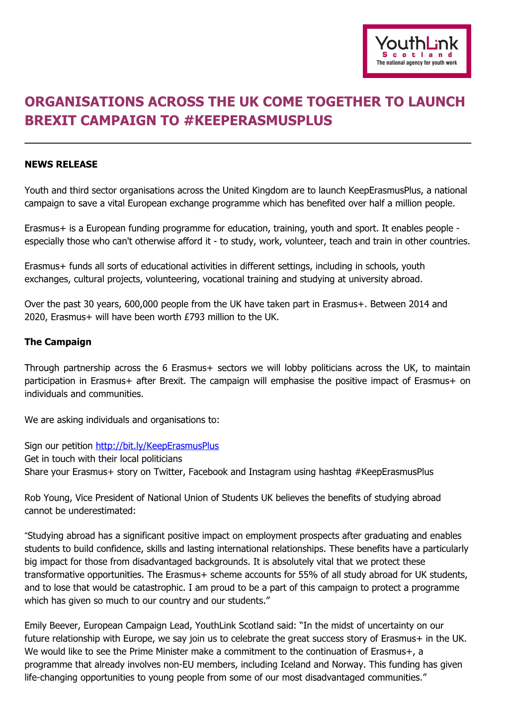 Organisations Across the Uk Come Together to Launch Brexit Campaign to #Keeperasmusplus