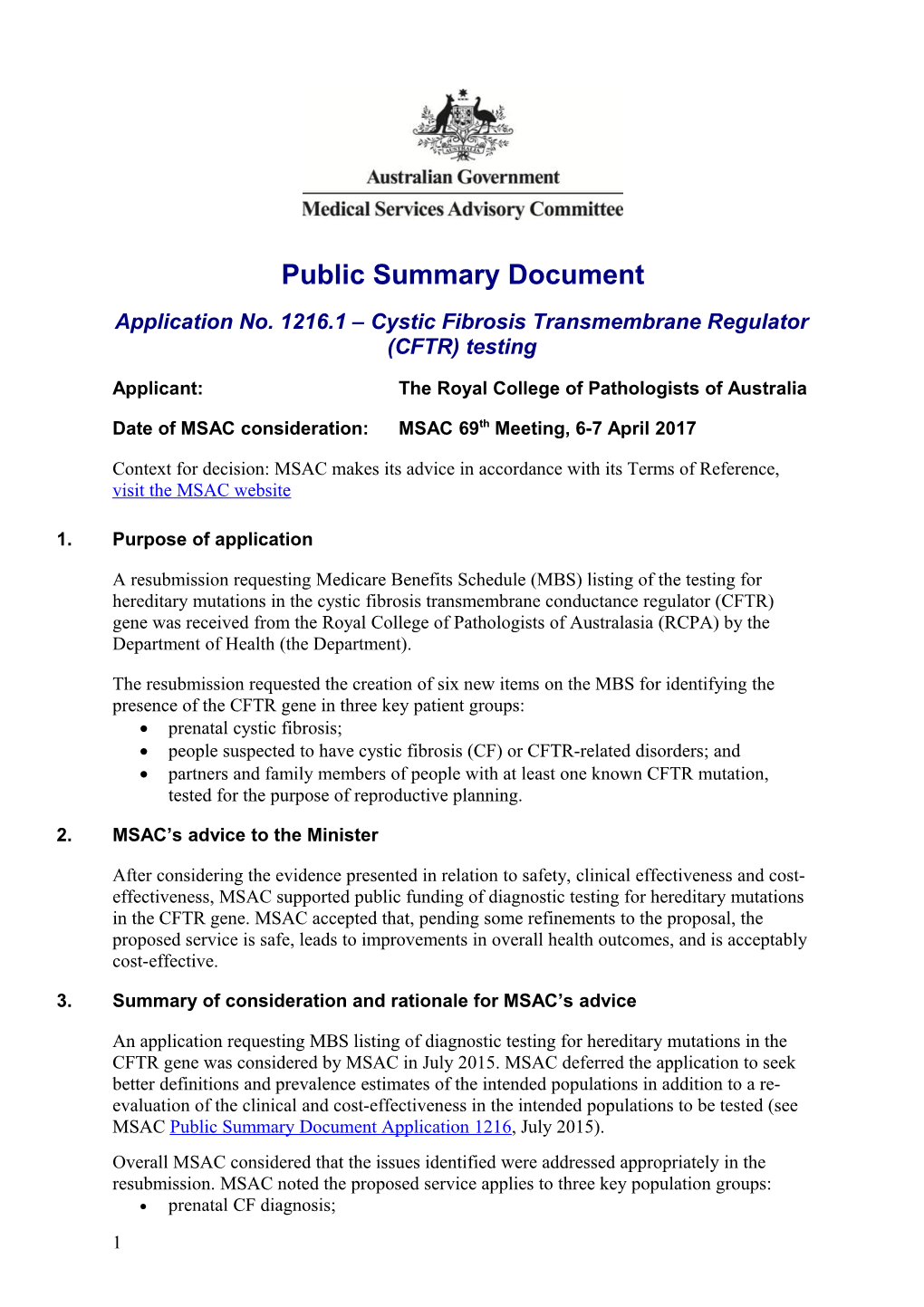 Application No. 1216.1 Cystic Fibrosis Transmembrane Regulator (CFTR) Testing