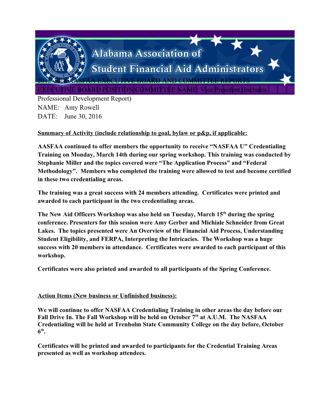 2015-2016 Aasfaa Executive Board and Committee Reports