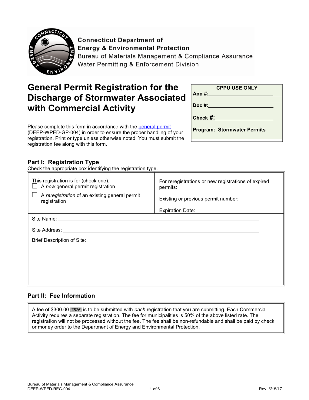 General Permit Registration Form for the Discharge of Stormwater Associated with Commercial