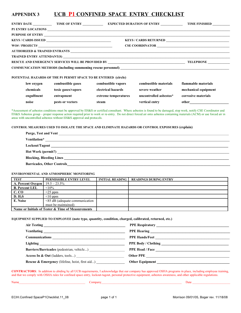 Appendix 3 Ucb P1 Confined Space Entry Checklist