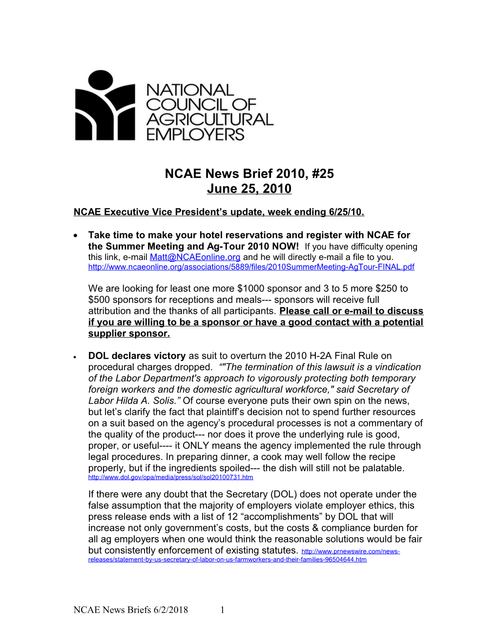 NCAE Executive Vice President S Update, Week Ending 6/25/10