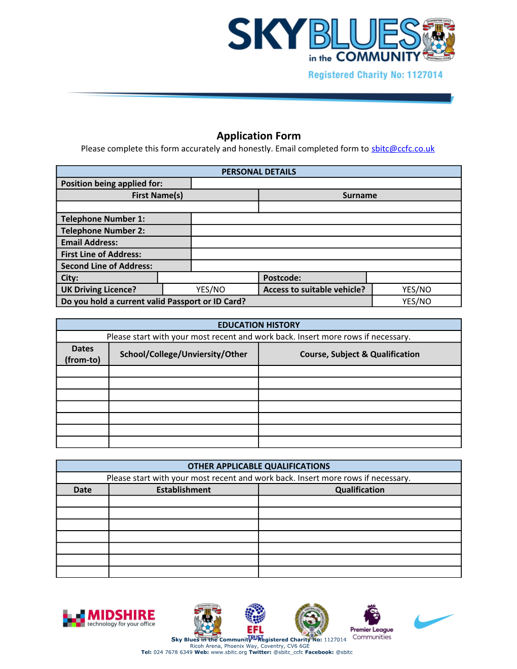 Please Complete This Form Accurately and Honestly. Email Completed Form To