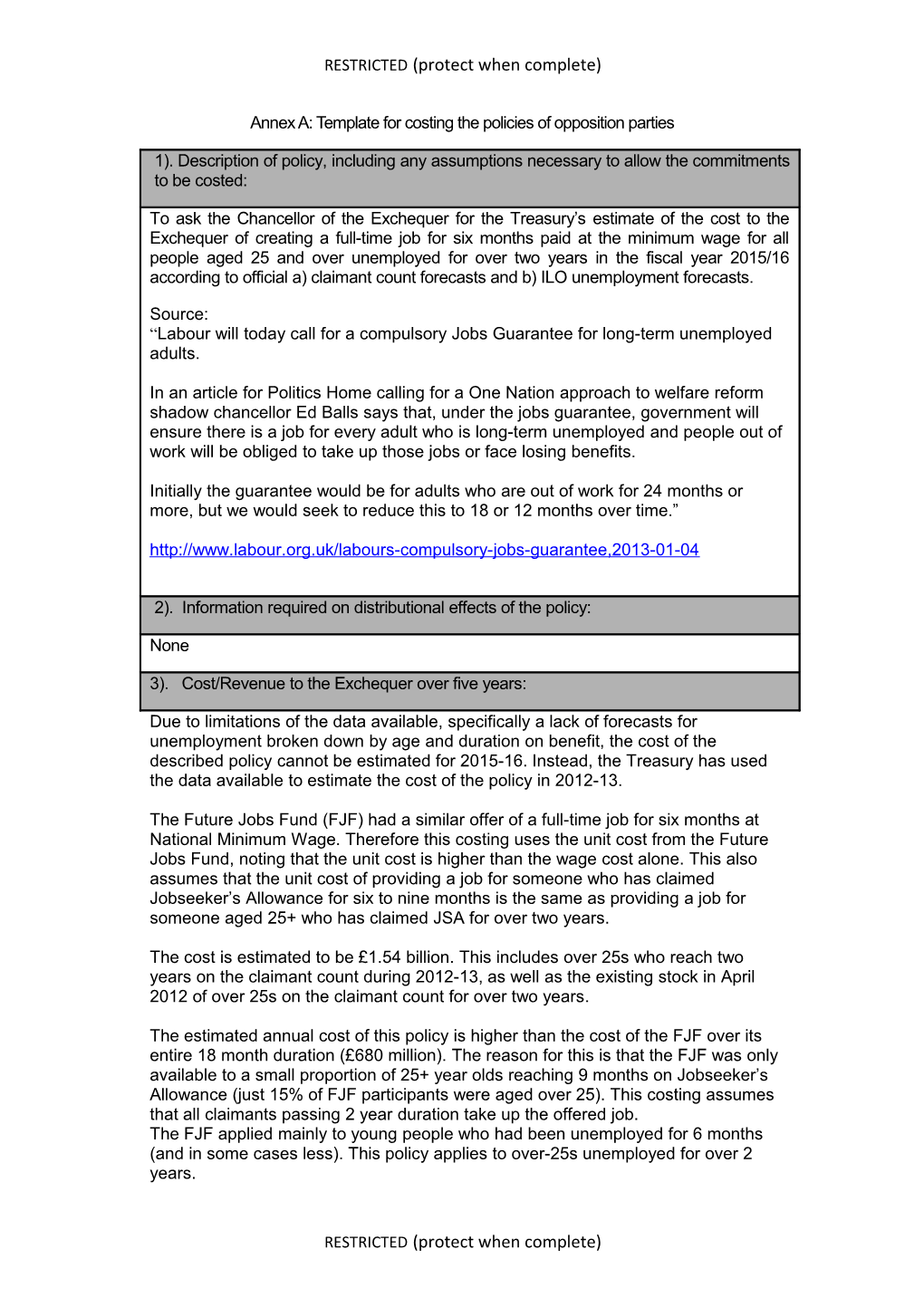 Costing Opposition Policies Guidance Note