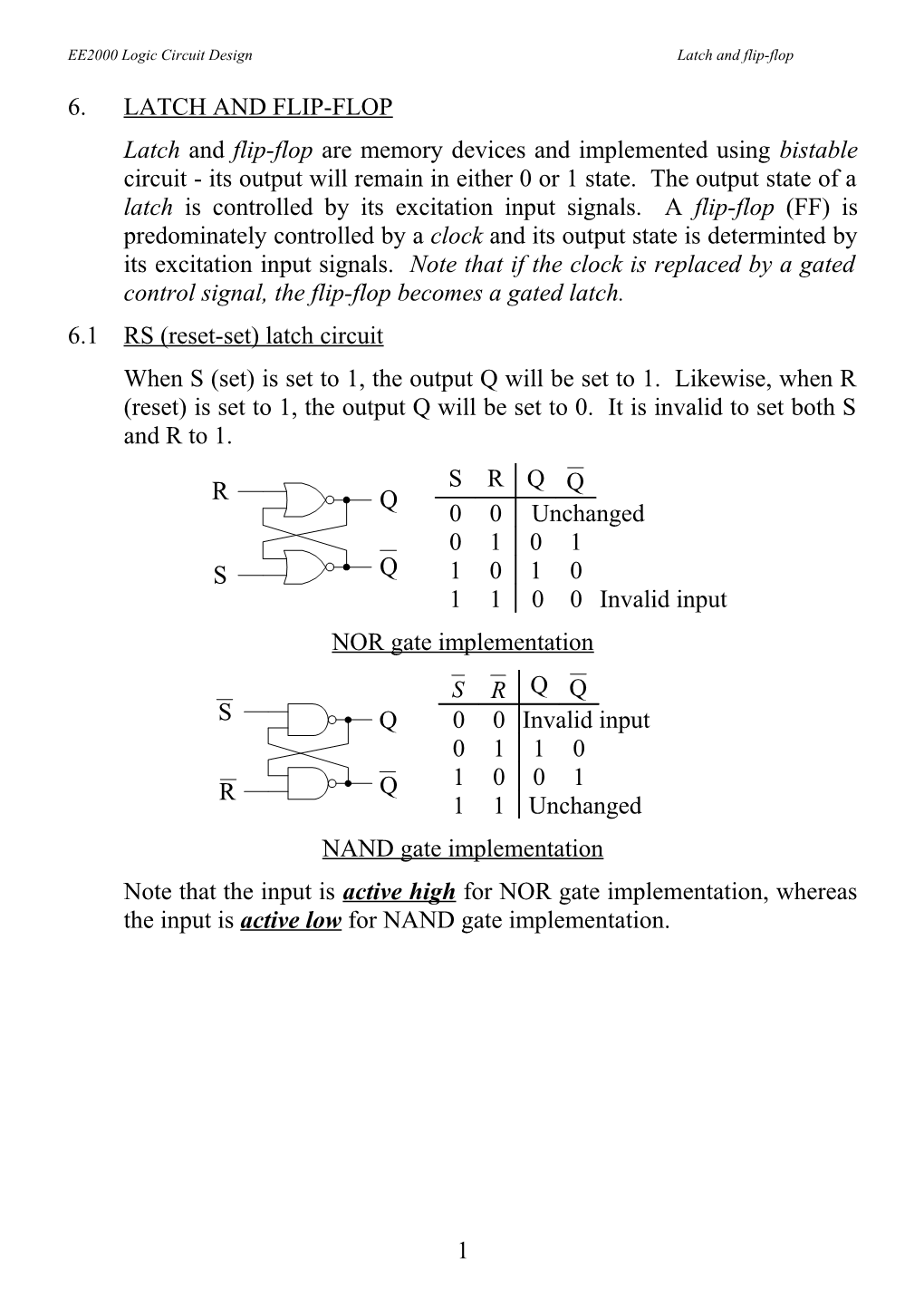 EE2000 Logic Circuit Design Latch and Flip-Flop