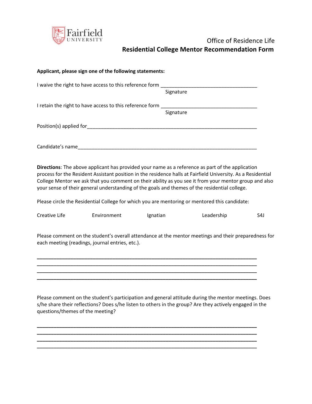 Residential College Mentor Recommendation Form