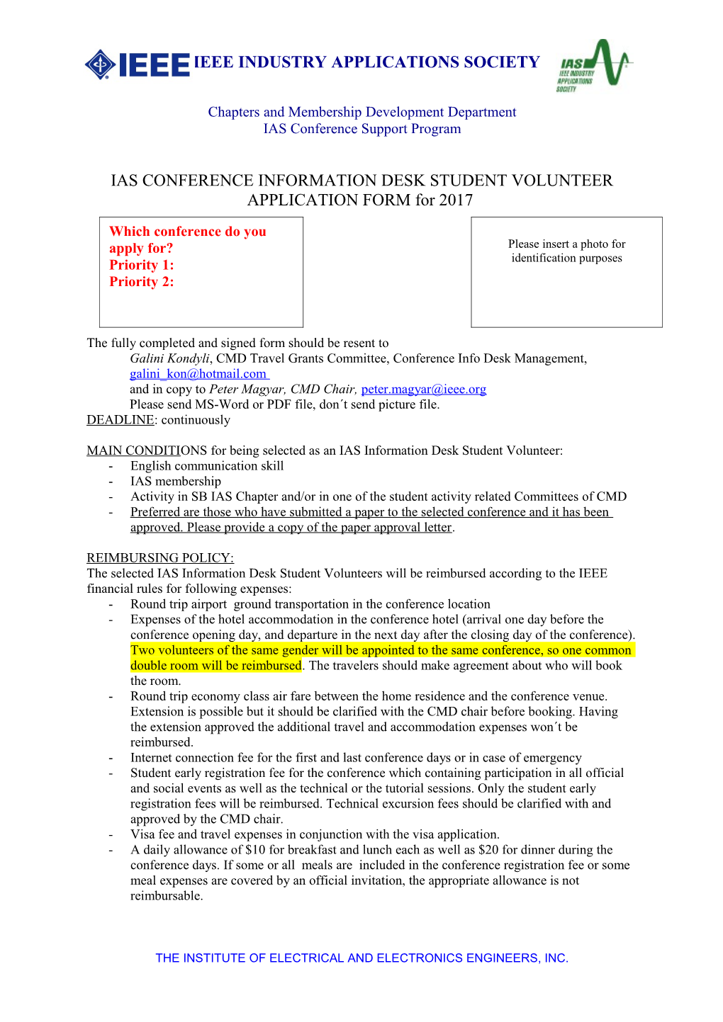P. Magyar / IAS Conf Info Desk Student Volunteer Application Form