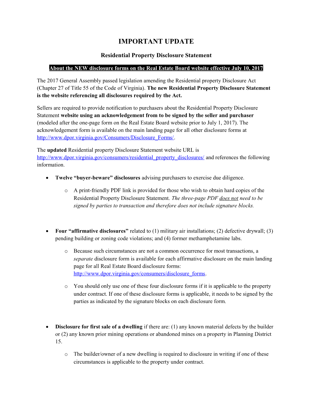 Residential Property Disclosure Statement