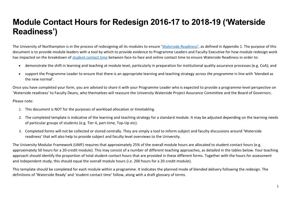 Module Contact Hours for Redesign 2016-17 to 2018-19 ( Waterside Readiness )
