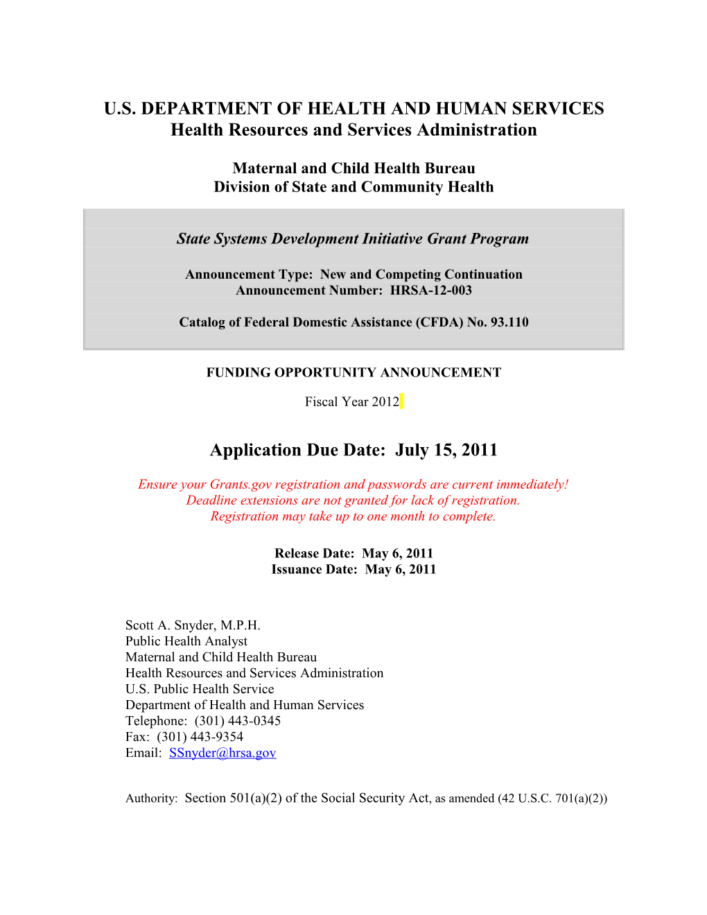 Funding Opportunity Announcement HRSA-12-003