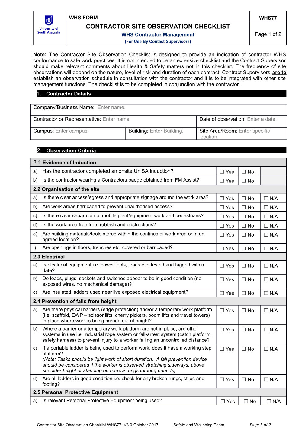 Contractor Site Observation Checklist