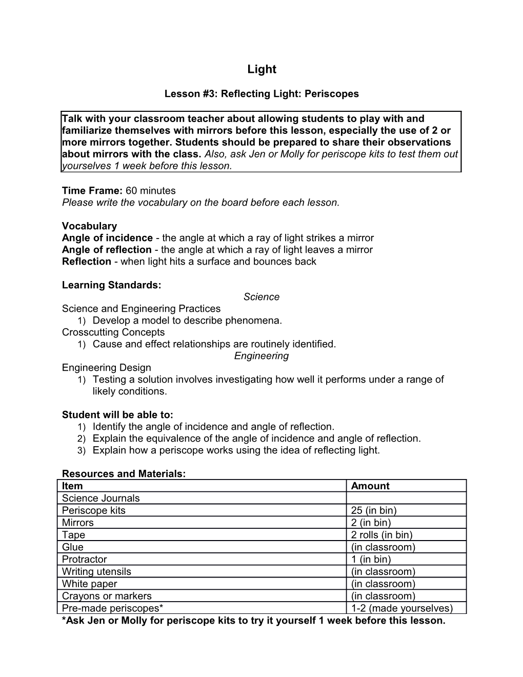 Lesson #3: Reflecting Light: Periscopes