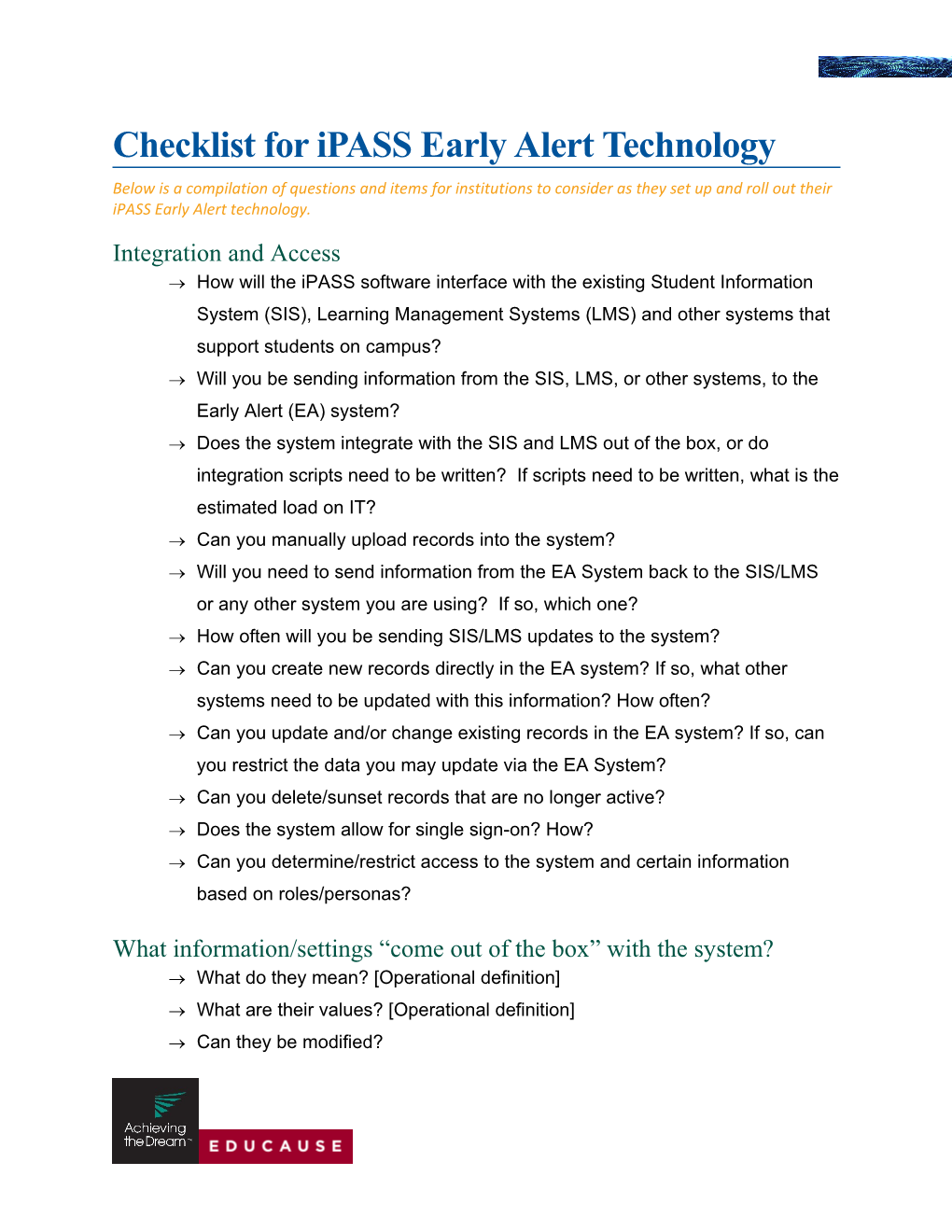 Checklist for Ipass Early Alert Technology