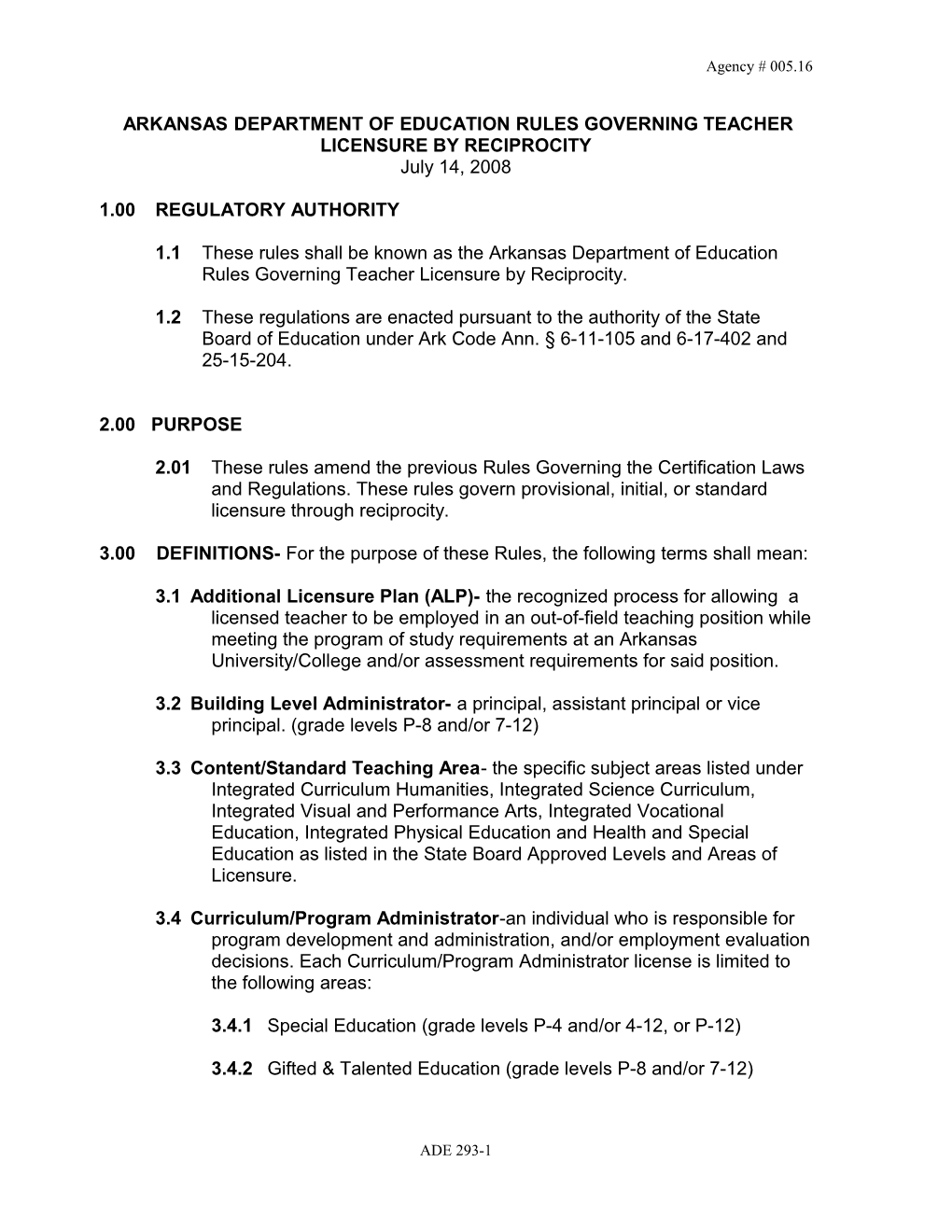 Arkansas Department of Education Emergency Amendment to Rules and Regulations Governing