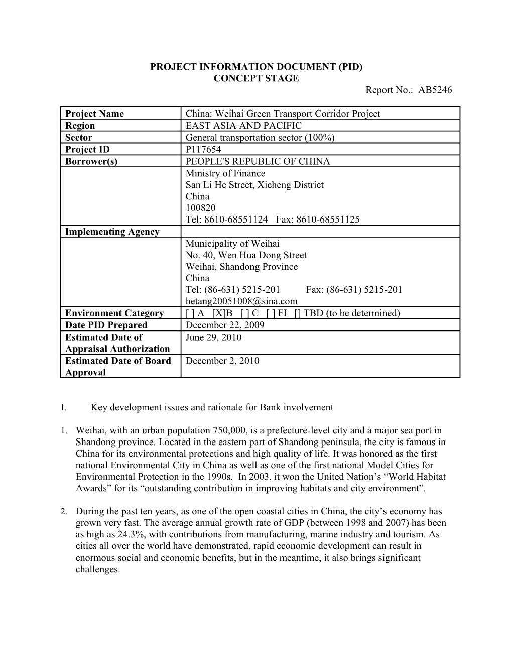 Project Information Document (Pid) s11