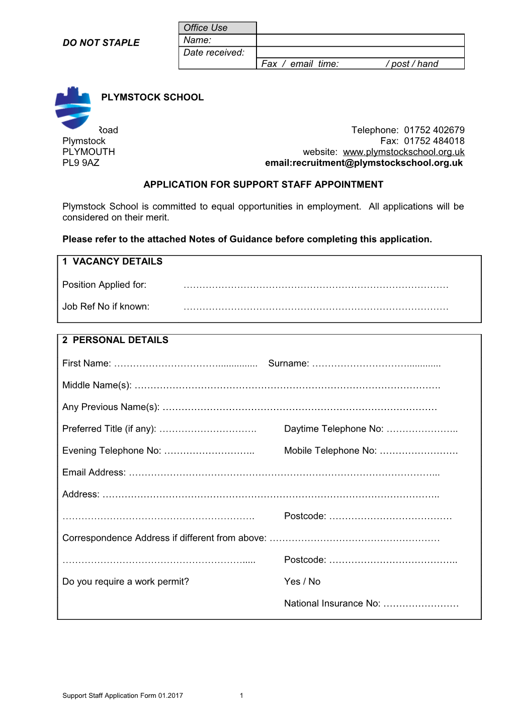 Application for Support Staff Appointment